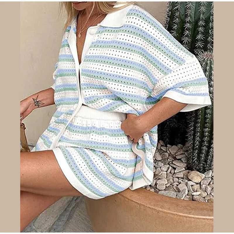 Women Stripe Print Knit 2 Piece Sets Ele Lapel Half Sve Tops High Waist Shorts Set Loose Casual Single Breasted OutfitsXJ250106