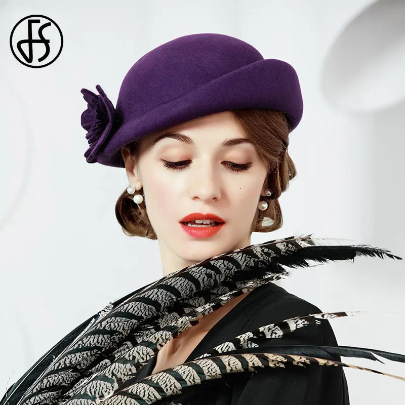 FS Blue Purple Wool French Beret Wide Brim Fedora Hats For Women Elegant Church Hats Big Flower Ladies Wedding Tea Party Hat Ken 250106