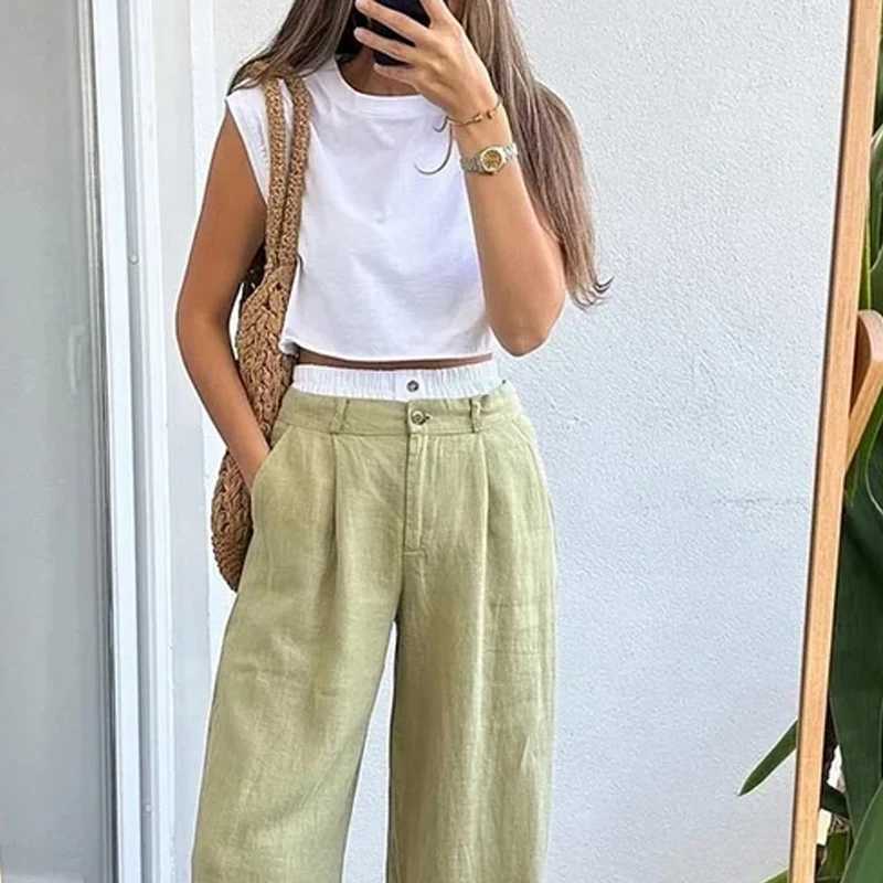 Wefads Women Two Piece Set Summer Casual Simple Solid Round Neck Sveless Tank Loose With Pocket Pants Sets High StreetwearXJ250106