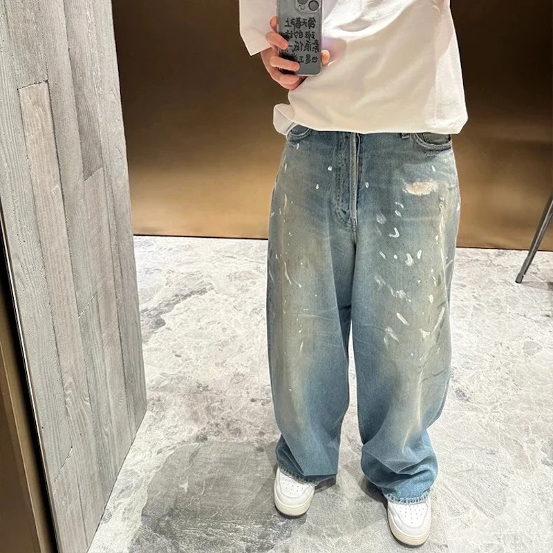 Graffiti Ink Splashing Mud Dyed Baggy Jeans for Men and Women Washed Streetwear Loose Casual Denim Trousers Oversized Cargos