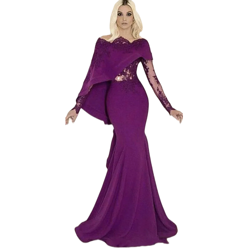 Grape Mermaid Evening Dresses With Cape Lace Appliques Illusion Long Sleeves Formal Dress 2025 Arabic Dubai Sexy Prom Gown For Women