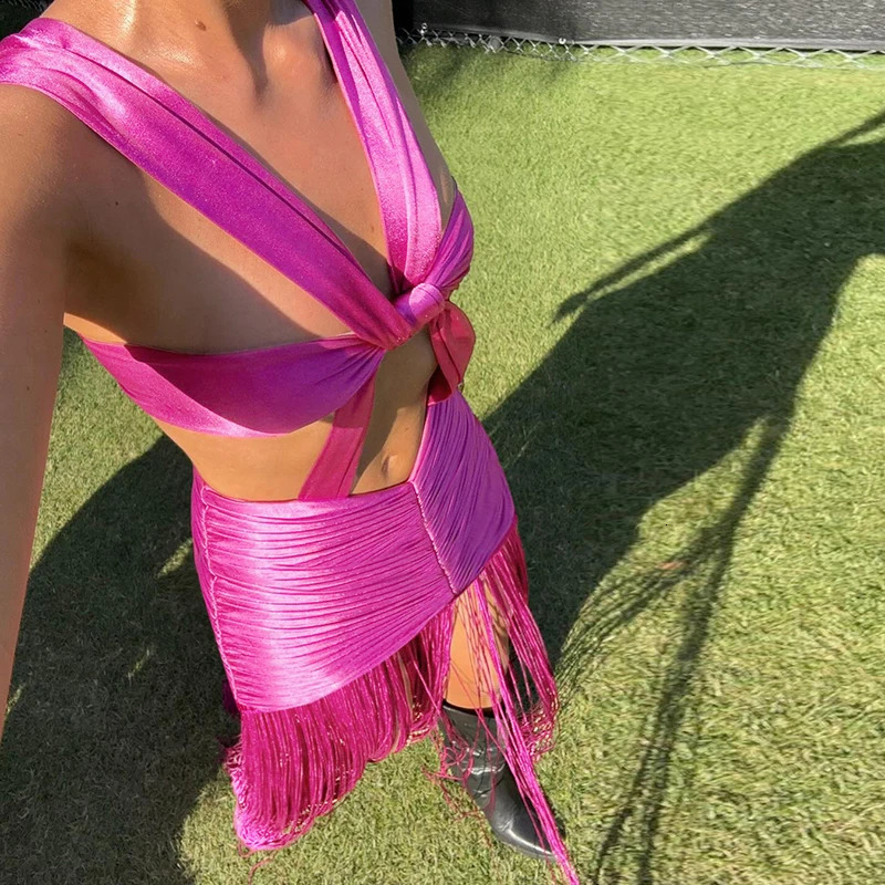 Sexy Sleeveless Cut Out Tassel Maxi Dress Women Backless Rose Red Casual Beach Sundress 2024 Summer Harajuku Y2K Clothes250103