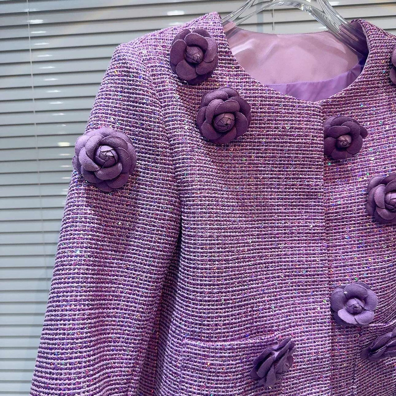 Purple Tweed Jacket Three Dimensional Wer Round Collar Long Sleeve Ladies Short Coat Retro 2024 Autumn Fashion Elegant