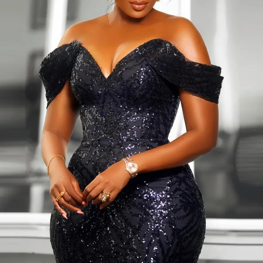 2025 New Sequined Black Prom Dresses For African Women Off The Shoulder Aso Ebi Mermaid Evening Dress Shiny Girls Birthday Gowns