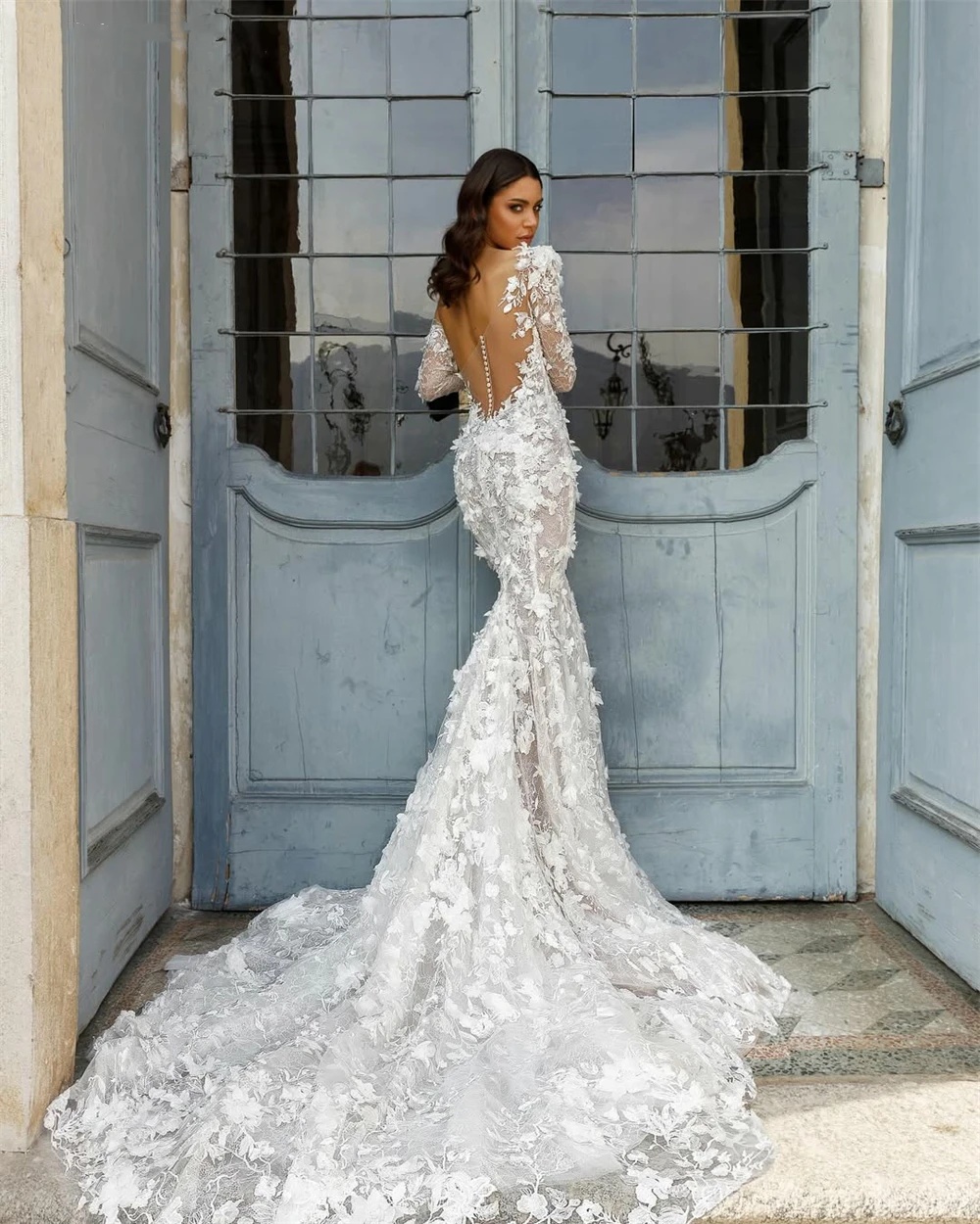 Elegant Wedding Dress One Shoulder Mermaid Bridal Gowns Flowers Long Sleeves Lace Appliques Bride Dresses Backless Customized Vestido de novia