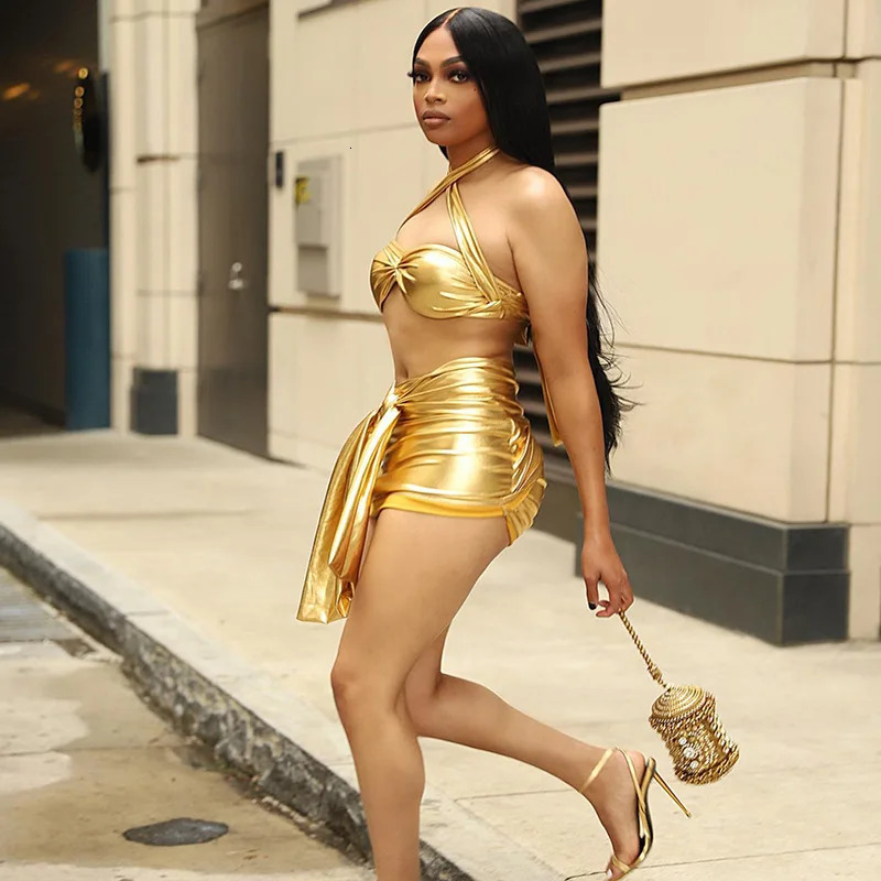 BKLD Women Fashion Metallic Color Skirt Sets Summer Outfit Halter Backless Crop Top And Lace-up Bodycon Mini Skirt Two Piece Set 250106