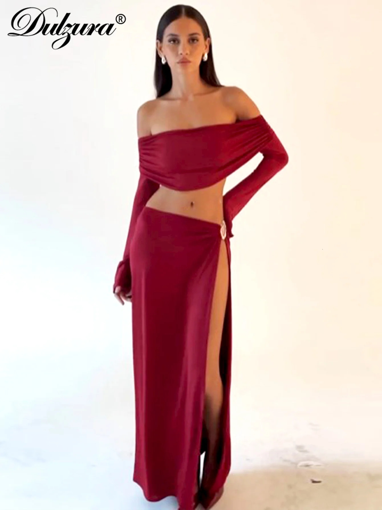 Dulzura Solid Sexy 2 Piece Skirt Set Off Shoulder Long Sleeve Ruched Crop Top And Side High Slit Button Maxi Skirt Party Club 250106
