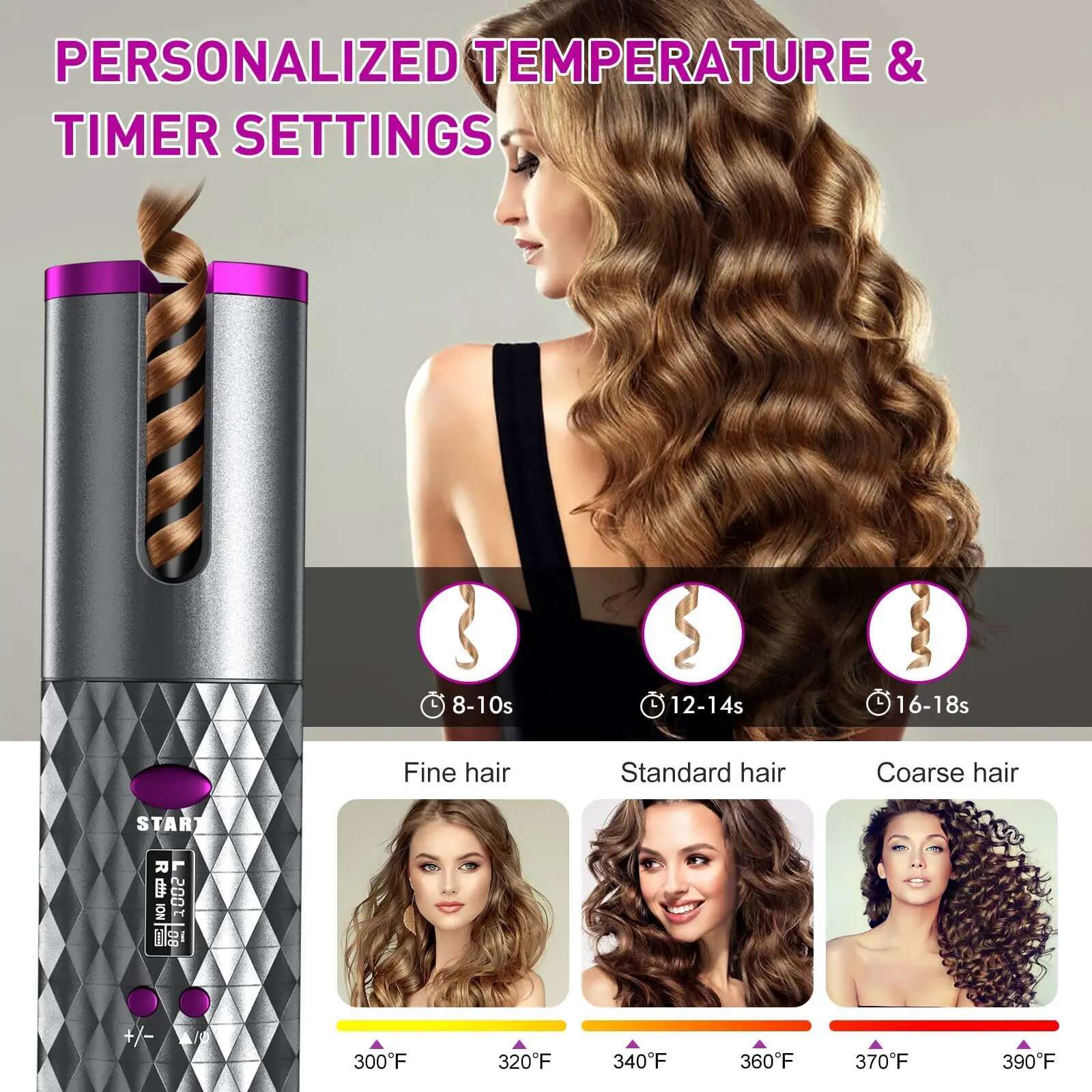 Cordless Curg Iron, USB Rechargeable, Ceramic Automatic Rotating Curler with 6 Temps, Portable Hair Dryer Styler,Timers