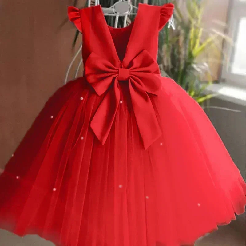 Summer Girls Lace Dresses For Kids 1-5 Year Flower Birthday Tulle Tutu Dress Backless Bow Princess Wedding Gown Kids Party Wear 250107