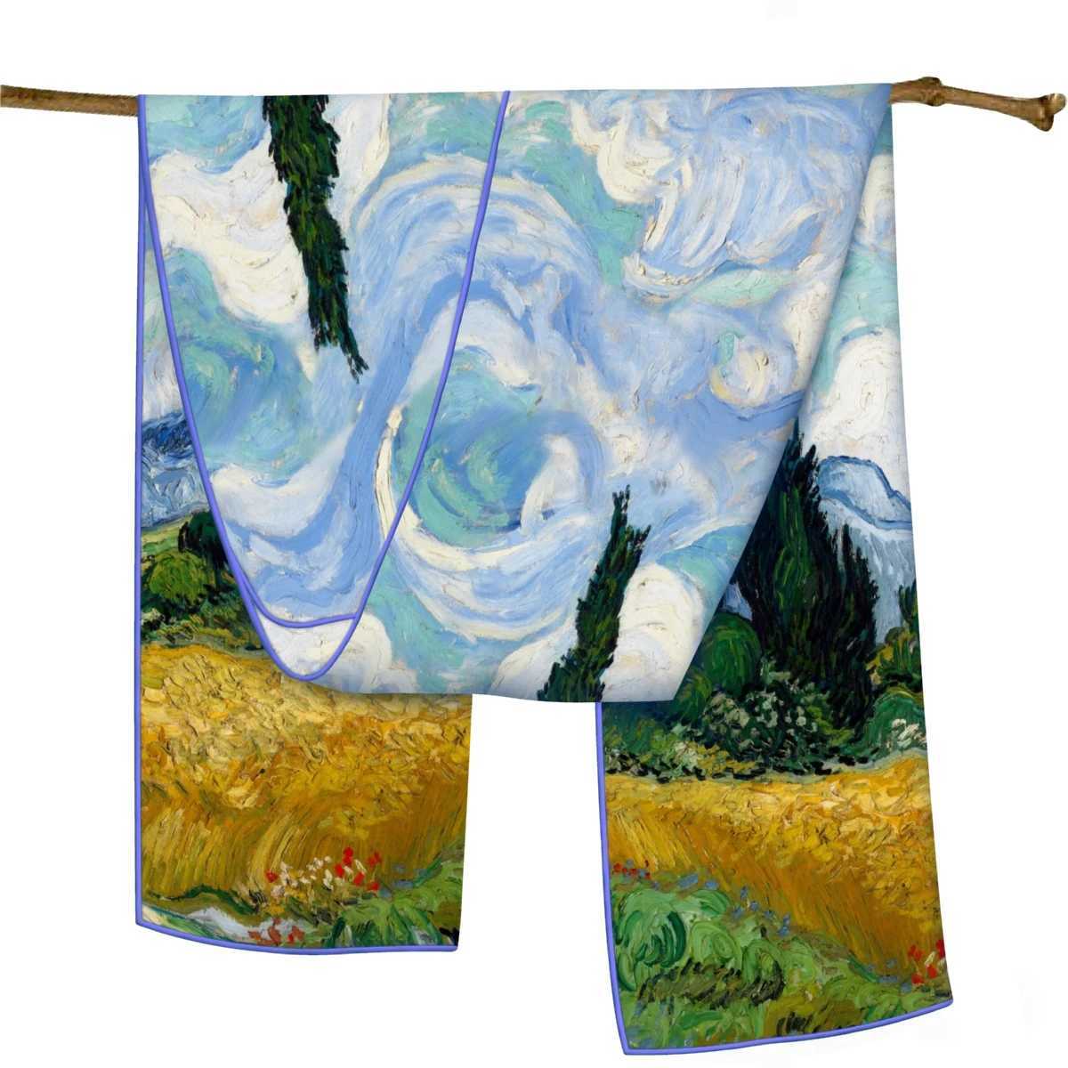 150x40CM Winter Silk Scarf Womens Van Gogh Oil Painting Handmade Roll Shawl Warm Long Coat Shoulder Bag Pashmina Bandana W250107