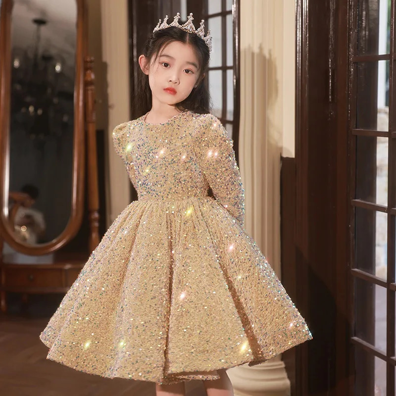 Girls Spring/Autumn and Winter Birthday Party Sequined Western Style Host Evening Dress Catwalk Piano Performance Princess 250107