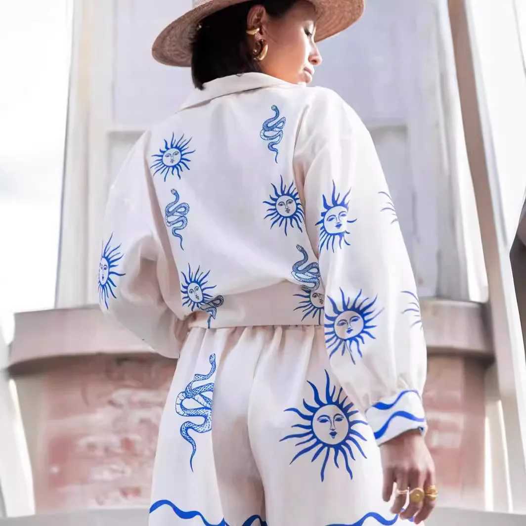 Womens Fashion Print Suit New Summer Linen Beach Vacation Suit Casual Versatile Shirt Cardigan Top Loose Shorts Two-piece SetXJ250106