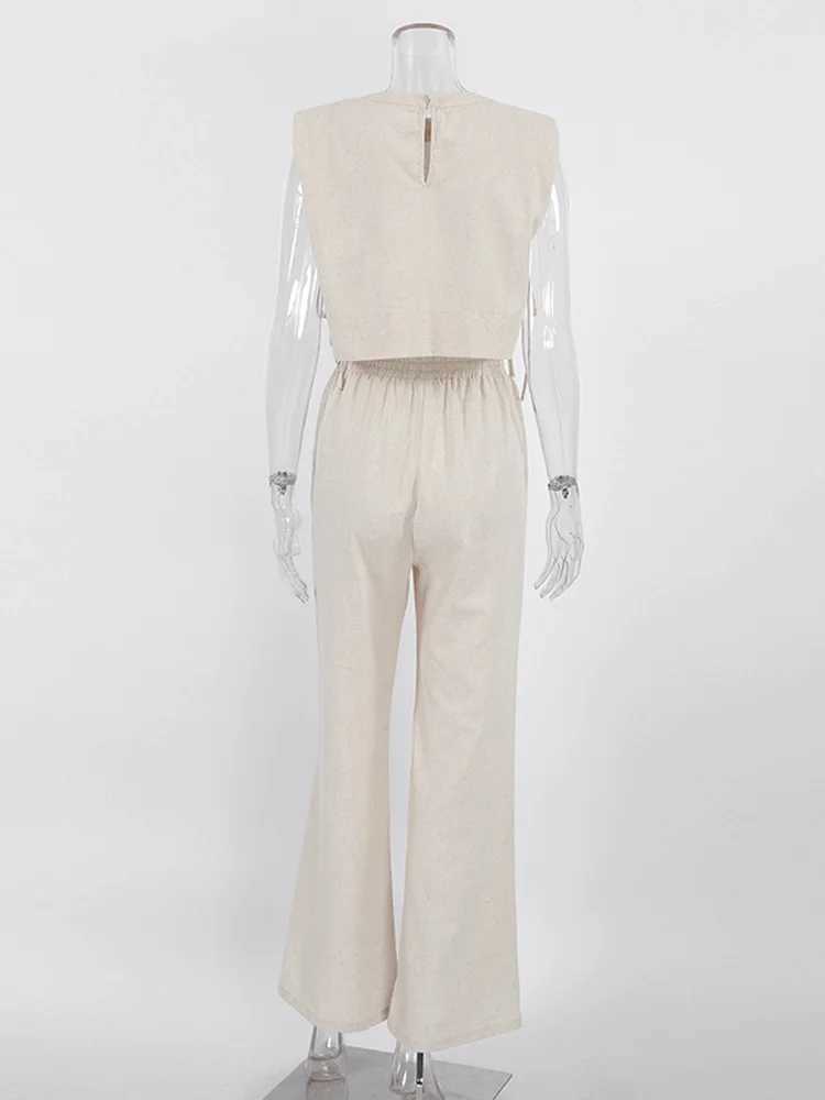 Spring Summer 2023 Women Holiday Linen Pant Set Crop Tops Solid Outfits 2 Two Piece Matching Set For WomenXJ250106