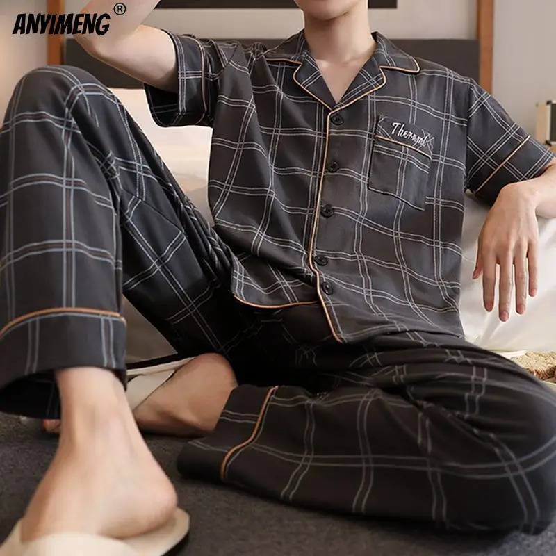 L5XL Plus Size y Mens Sleepwear Summer Short Sleeves Turndown Collar Pajamas Set Gentleman Homewear Casual Cotton Pijamas 250103