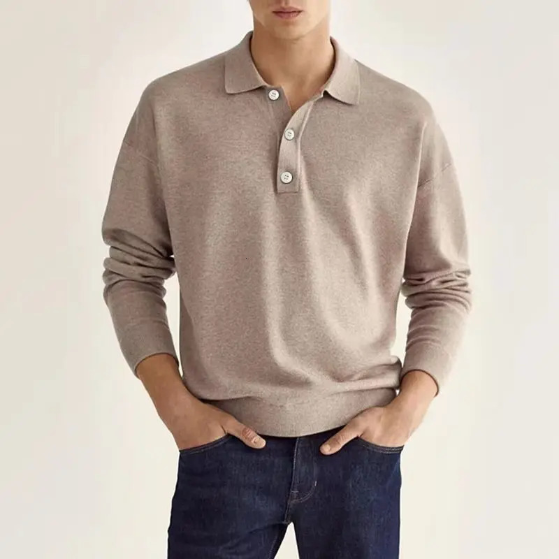 2024 Autumn leisure Home long Sleeve top Fashion Mens solid color lapel Mens POLO Shirt 241223