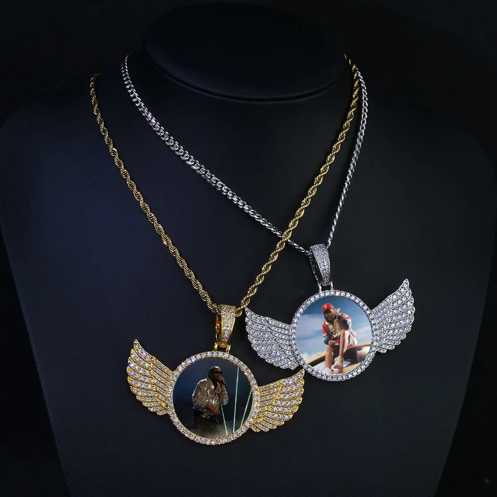 Hip Hop Jewelry 68mm Wing Circle Po Pendant Bling Iced CZ Paved 18k Gold Plated Personalied Picture Pendant Necklace Custom 250107