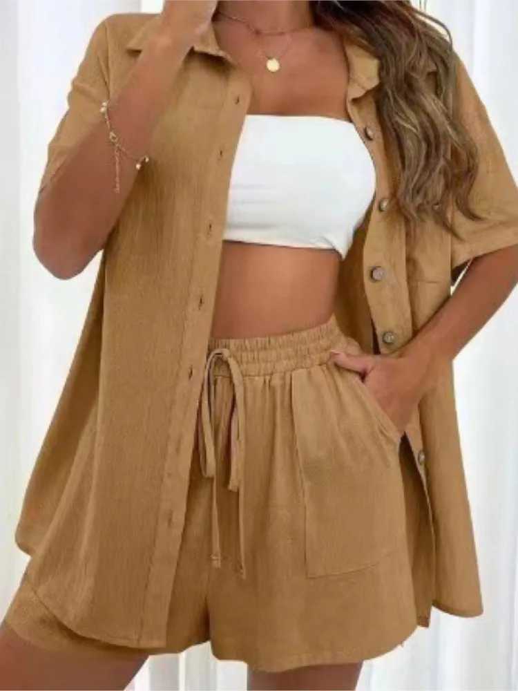 Casual Cotton 2 Piece Set Women Suit Fashion Short Sve Solid Color Shirt +loose Shorts Summer Office Lady Comfortable SetsXJ250106