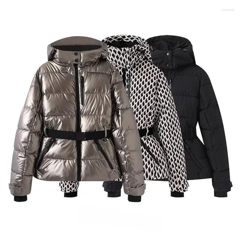 Women's Jackets Fashion Hooded Padded Coat With Belt Women Slim Standing Collar Full Sleeve Pocket Winter Ladies Windproof Warm Ski Jacket