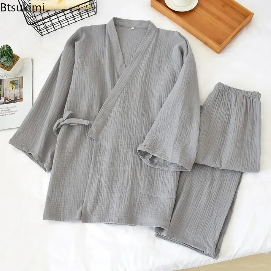 Japanese Kimono Mens Solid Pajamas Twopieces Simple Cotton Crepe Cloth Plus Size Laceup Tops Trousers Home Service Sets 250103