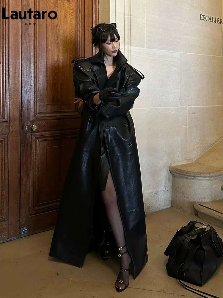 Lautaro Spring Autumn Extra Long Black Pu Leather Trench Coat For Women With Back High Slit Chic European Fashion 2024