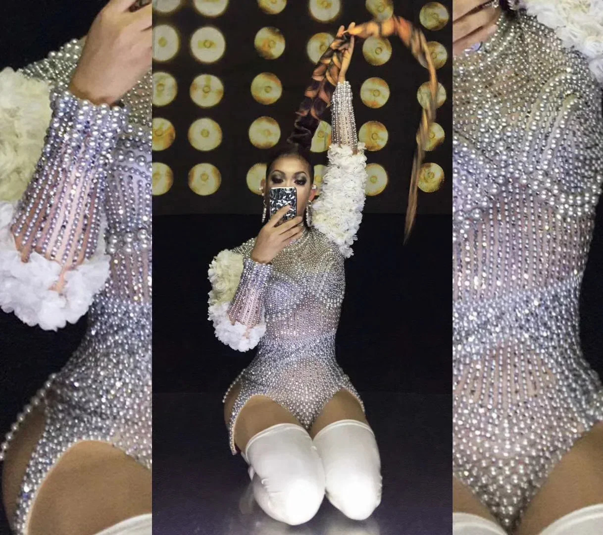 Nightclub Birthday Party Leotard Dancer Playsuit Performance Wear Flower Stage Outfit Sexy Women y Pearls Skinny Bodysuits 250103