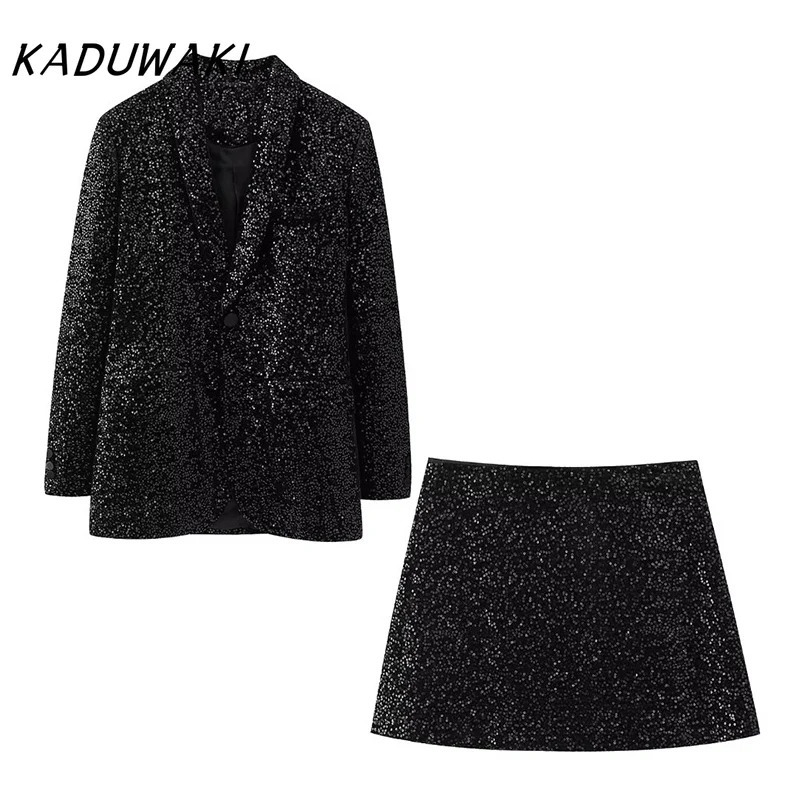 KADUWAKI Winter Shiny Loose Suit Coat Mini Skirt Sets Sequin Womens Fashion Suit Jacket Skirt Lady Streetwear Elegant Outerwear 250106