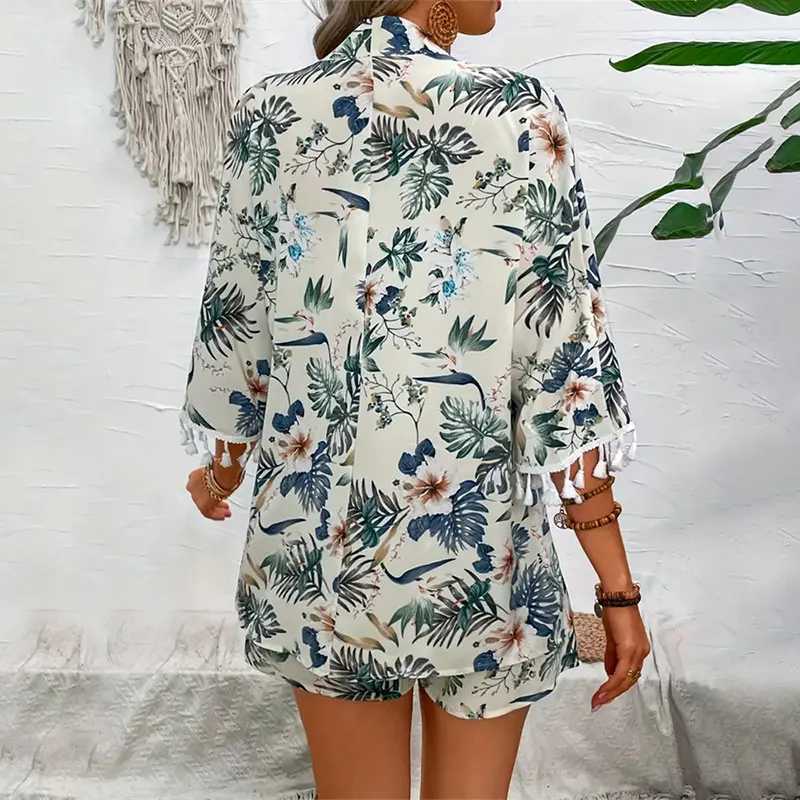 Two Piece Set For Women Outfits Open-front Cardigan Smock Flower Printed Beach Shorts Summer Suits Fe Clothing BeachwearXJ250106