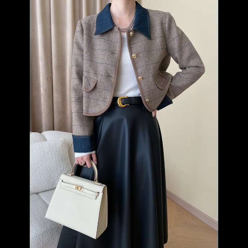 Denim Patchwork French POLO Collar Tweed Women Autumn Small Fragrance Plaid Casual Loose Khaki Fashion Chic Female Jacket