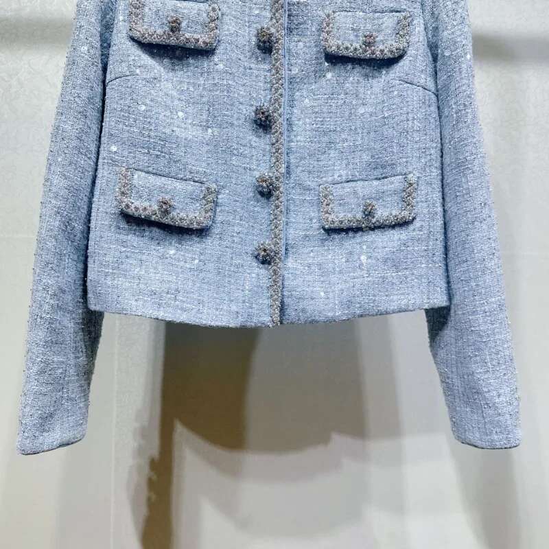 High Quality Small Fragrance Blue Coat Women O Neck Beaded Urious Shiny Long-Sleeved Office Sweet French Tweed Lady Jacket
