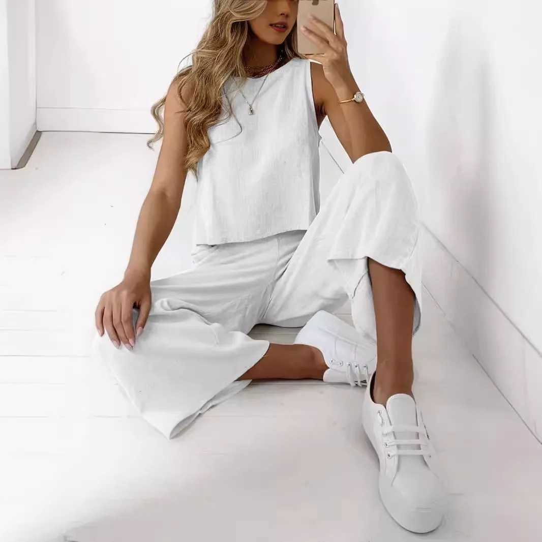 Womens New Cotton Linen Suit Summer Casual Sveless Round Neck Top Trousers Wide Leg Pants Two-piece Set For WomenXJ250106