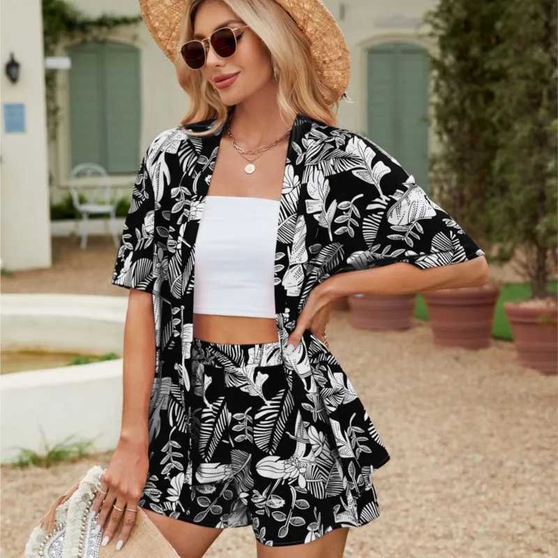 Fashion Vacation Set 2024 Womens New Floral Print Short Sved Cardigan Shirt Top Elastic Waist Shorts Two Piece Set OutfitsXJ250106