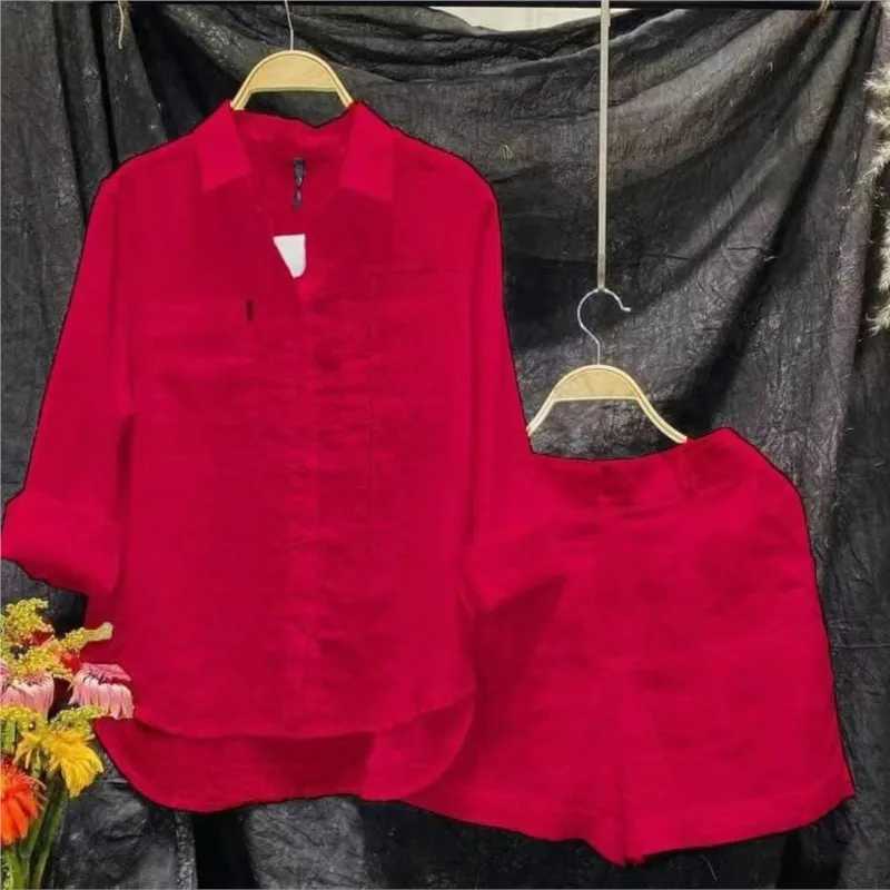Casual Cotton And Linen Women Shirt Short Two Piece Sets Solid Color Loose Short Sve Top Shorts Fashion Suit Tracksuit SummerXJ250106