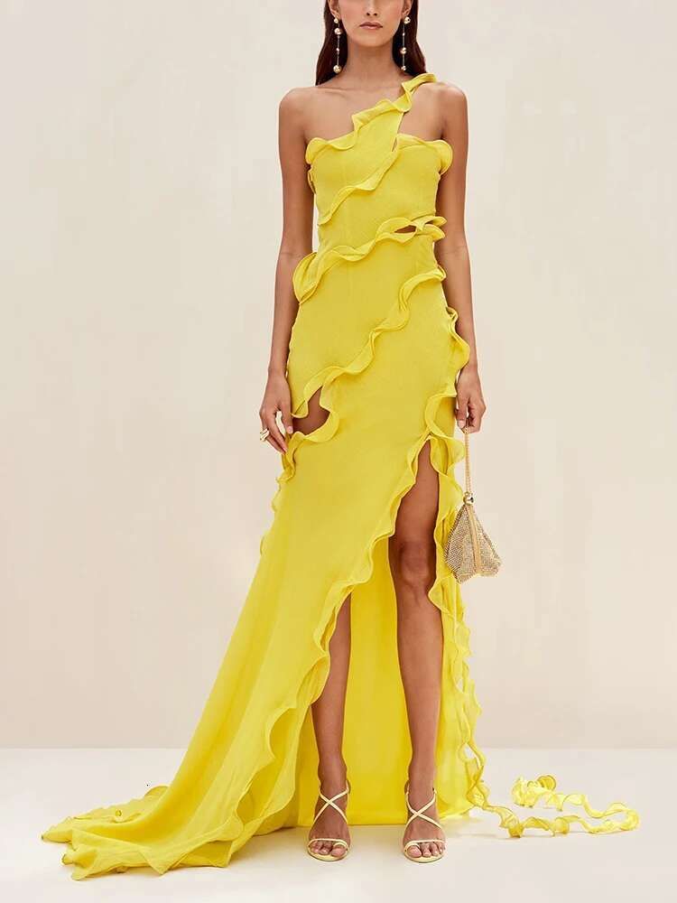 Solid Split Slimming Dresses For Women Diagonal Collar Sleeveless Backless High Waist Temperament Dress Female New