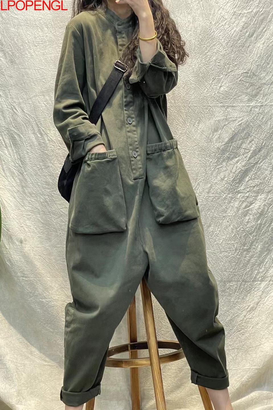 New Women's Solid Color Spring Long Sleeves Jumpsuit Personalized Fashion Pullover Straight Streetwear Pockets One Piece Pants