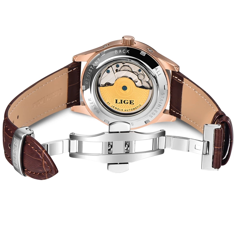 LIGE Men's Mechanical Watch Multi-function mechanical movement Calendar Week Moon Phase hour hand indicator high-quality butterfly buckle belt