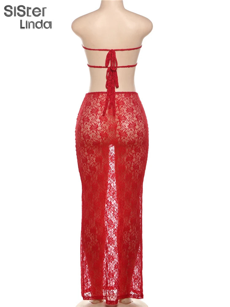 Sisterlinda Mesh Embroidery 2 Piece Set Women Sexy Bandage Wrap Chest TopsMaxi Skirts Female Matching Coquette Outfits 250106