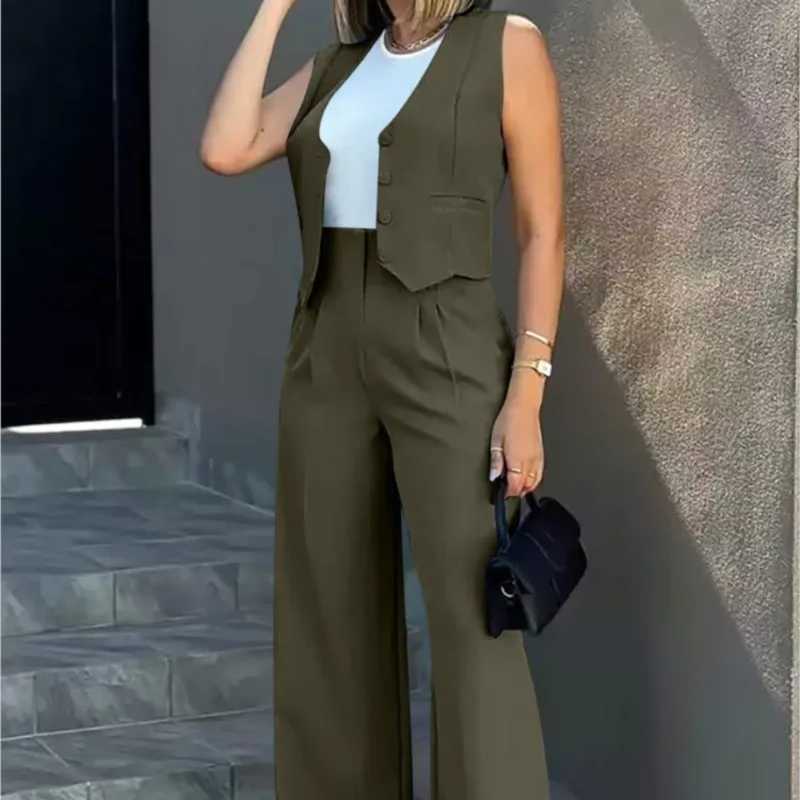 Women Suit Women Vest Ele Lady Baggy Pants Set Regular Work Pants Set Sveless Vest High Waist Wide Leg Pants 2 Piece SetsXJ250106