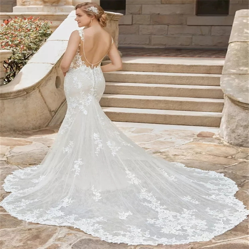 Luxury Mermaid Wedding Dress With Detachable Train Plus Size Lace Civil Boho Bride Dress Removable Tail Garden Bridal Dress Bespoke Vestio De Novias 2