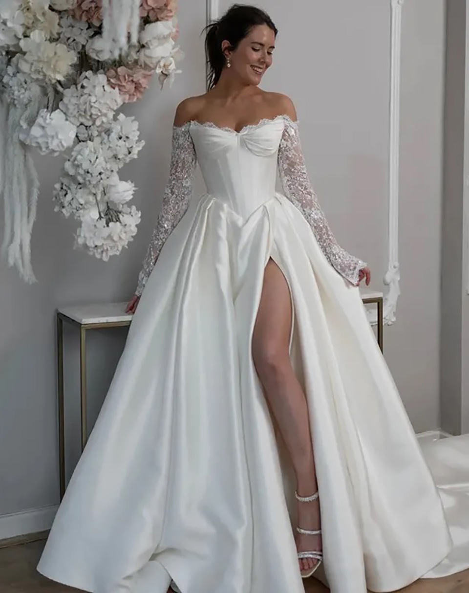 Chic Off-Shoulder Satin A-Line Wedding Dress - Bejeweled Long Sleeves & Side Slit Detail
