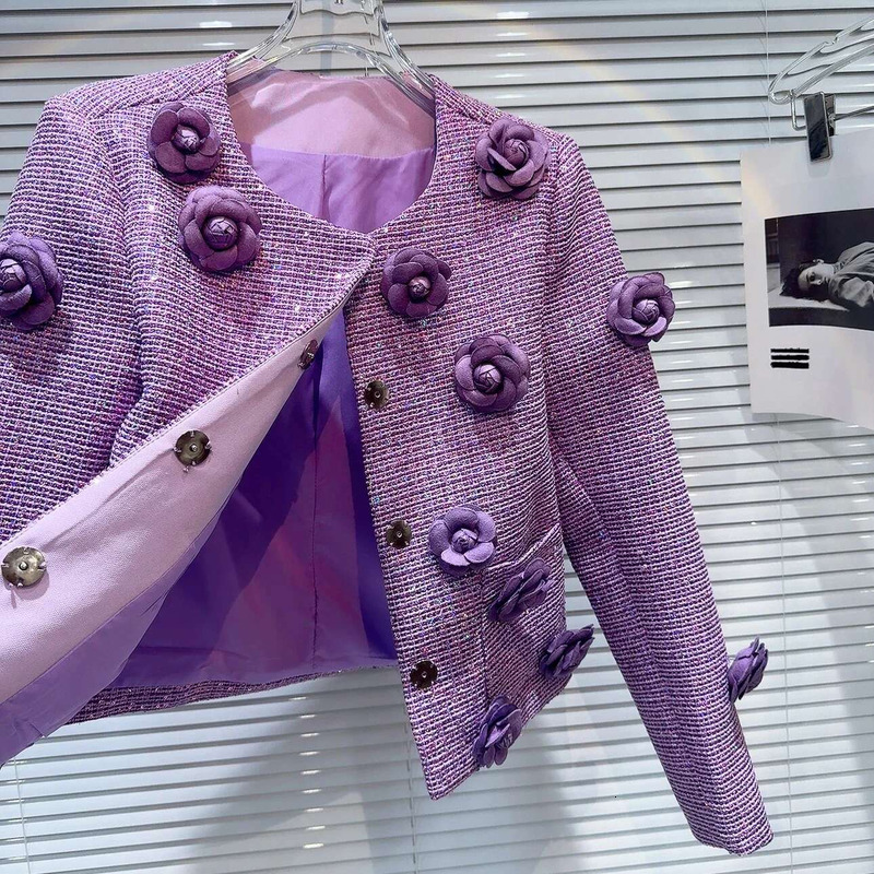 Purple Tweed Jacket Three Dimensional Wer Round Collar Long Sleeve Ladies Short Coat Retro 2024 Autumn Fashion Elegant