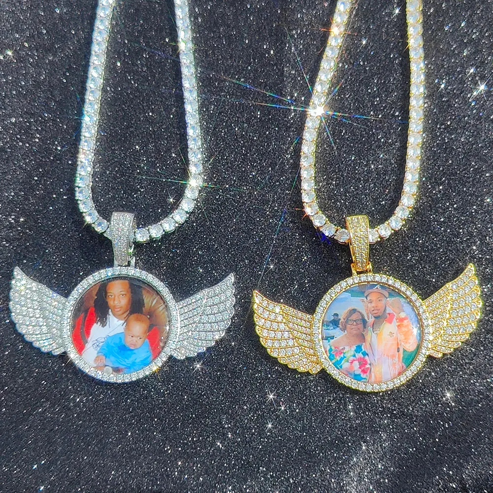 Custom Angel Wing Round Memory Po Necklace Men Women Personalized Jewelry Customized Picture Pendant Charm with Tennis Chain 250107