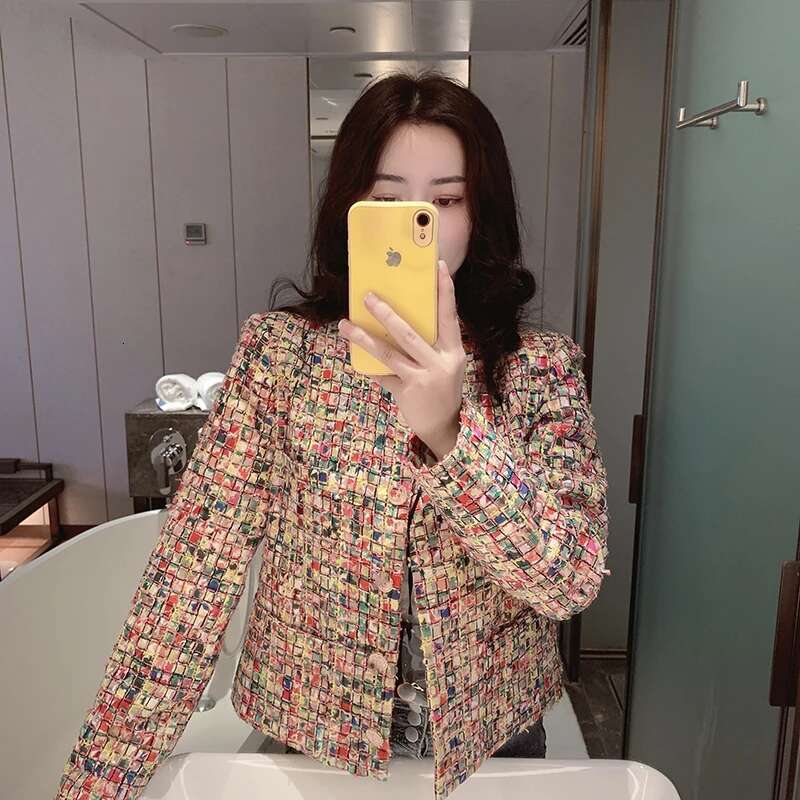 Fashion Temperament Color Plaid Weave Tweed Jacket 2024 Autumn Winter Women New Elegant Woolen Office Ladies Coat