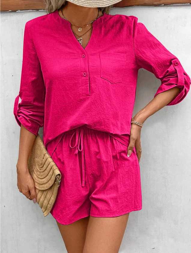 Summer womens two-piece set new cotton linen solid color V-neck pocket top drstring shorts set 2024 fashionable casual womenXJ250106