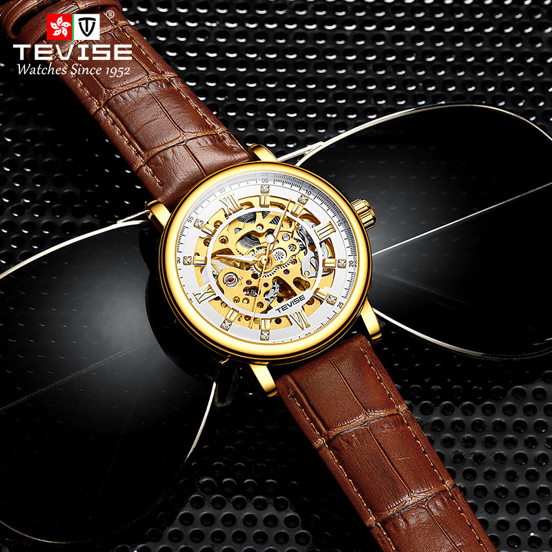 TEVISE Diamond Inlaid Trendy Simple Automatic Mechanical Watch Fashion Hollow out Wrist Watch T033 T8462B