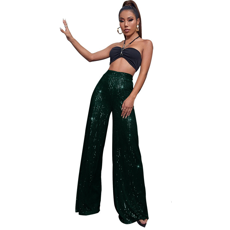 High Waisted Glitter Pants For Women 2025 Spring Summer Clothing Sparkly Sequin Loose Wide Leg Trousers Party Clubwear