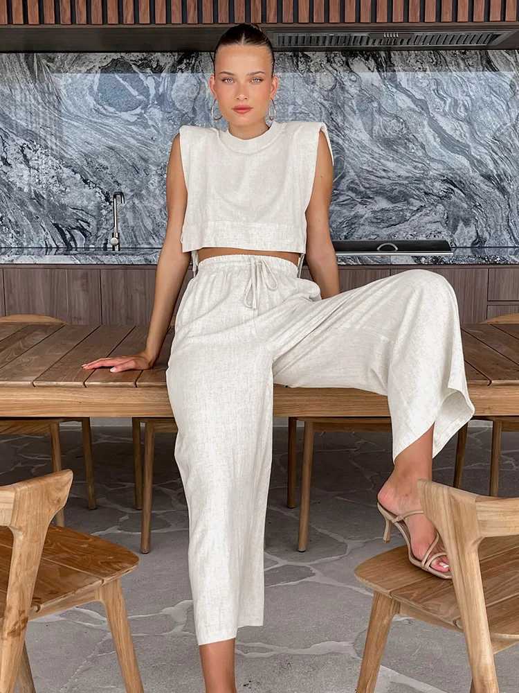 Spring Summer 2023 Women Holiday Linen Pant Set Crop Tops Solid Outfits 2 Two Piece Matching Set For WomenXJ250106