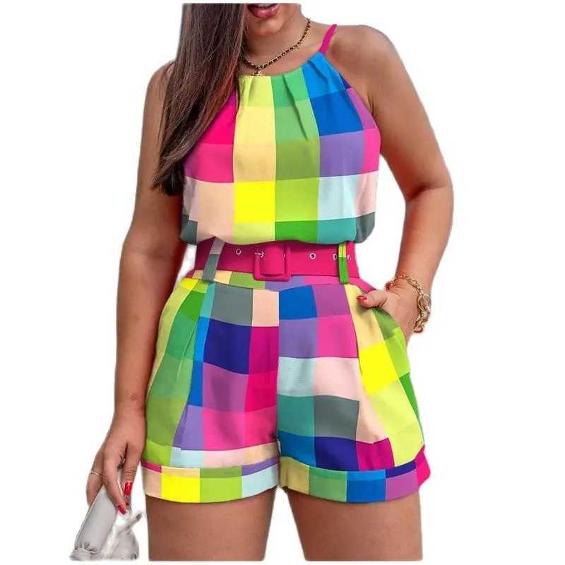 Girl Sexy Strap Tank +Shorts Two Piece Set 2025 Summer Print Fashion Womens Combination Suit S-XXXLXJ250106