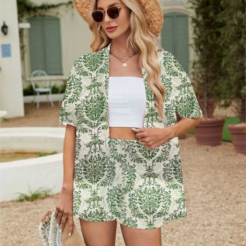 Fashion Vacation Set 2024 Womens New Floral Print Short Sved Cardigan Shirt Top Elastic Waist Shorts Two Piece Set OutfitsXJ250106