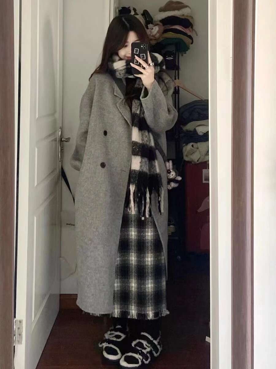 Long Wool Coats Women Autumn Winter Double Breasted Baggy Outwear Keep Warm Korean Style Windbreak Temper Daily Stylish Casual