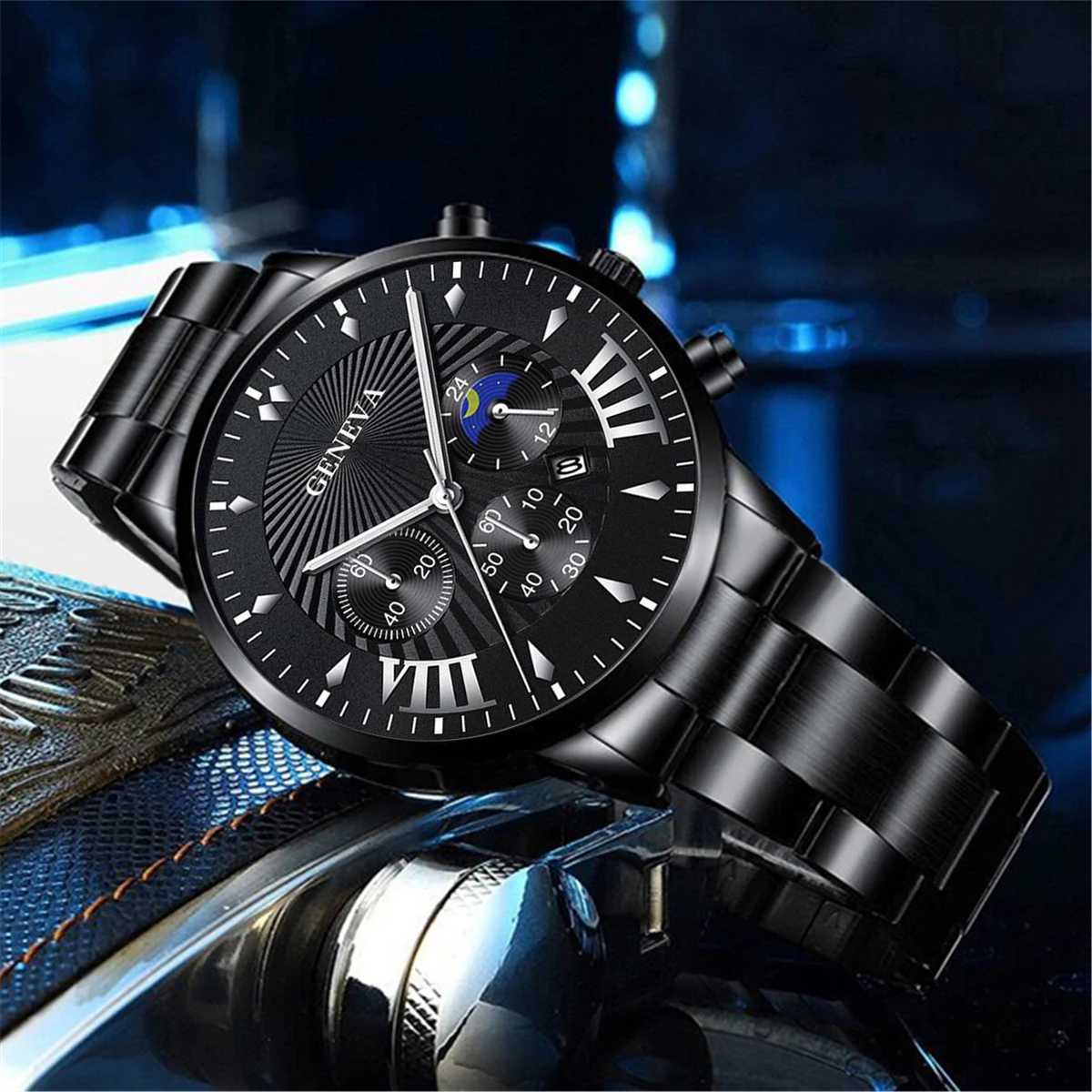 2PCS Fashion Mens Black Bracelet Watches Set Men Business Stainless Steel Quartz Watch Male Calendar WristwatchX250107